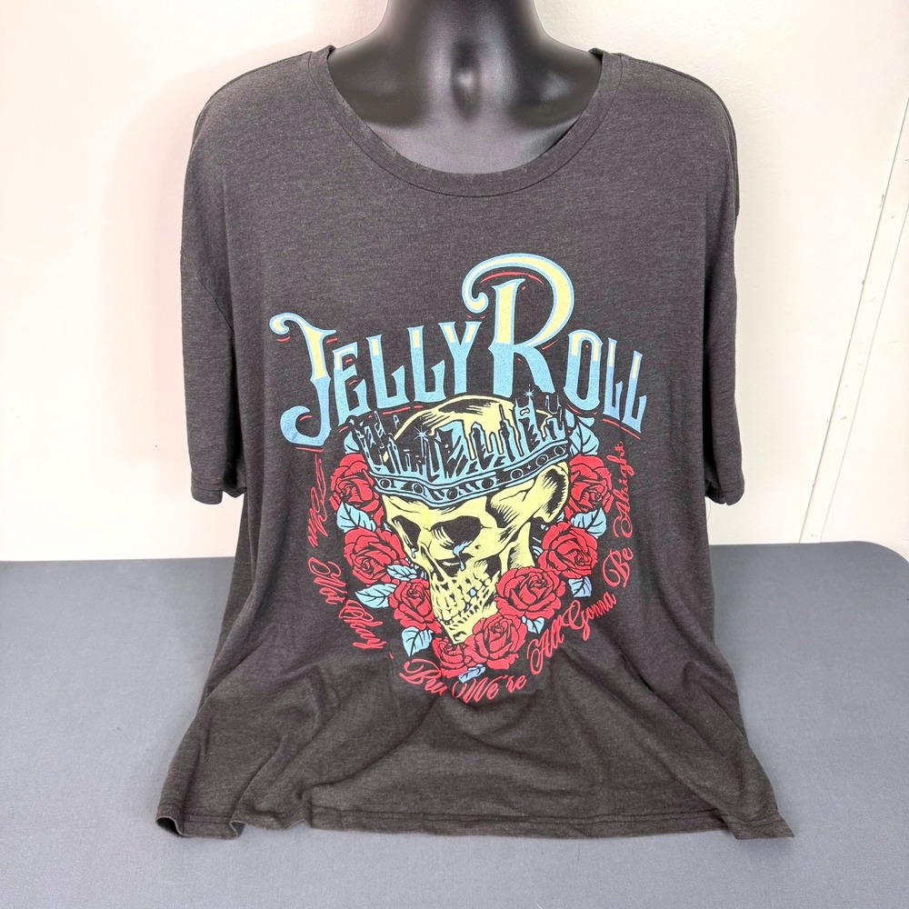 Jelly Roll T-Shirt Mens 2XL Beautifully Broken Skull Roses Charcoal Grey Graphic